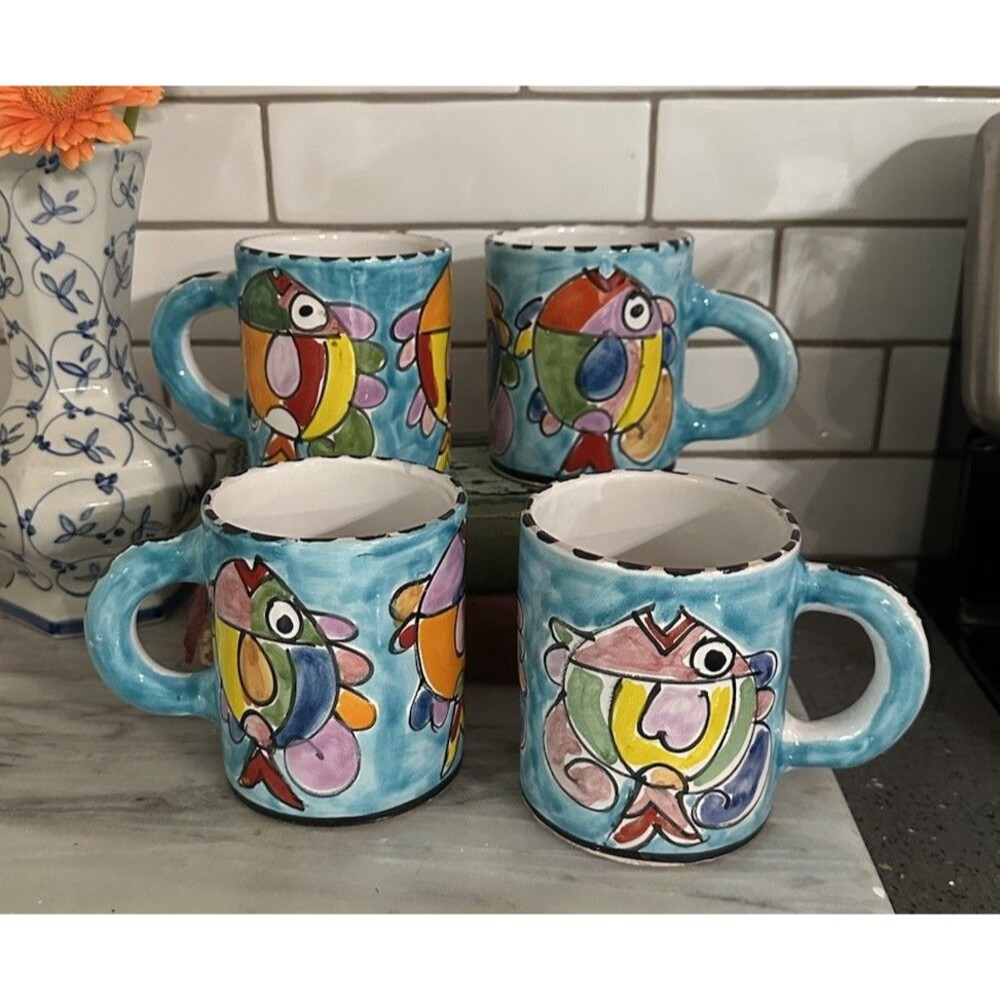 Set 4 La Musa Colorful Italian Pottery Coffee Mugs Cup Fish Fishes Neiman Marcus